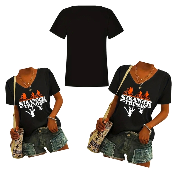 STRANGER THINGS!! WOMEN'S BLACK V-NECK POPULAR T-SHIRT TOP. NWT - Picture 1 of 11